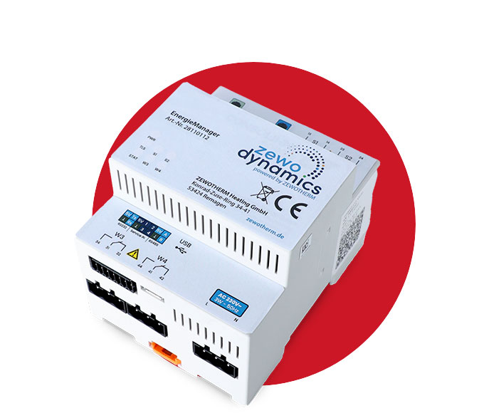 Weißes EMS-Modul der Firma ZEWOTHERM mit der Aufschrift „zewo dynamics“ vor einem roten Kreis. Auf dem Modul sind diverse Anschlüsse und Symbole sowie die Bezeichnung „EnergieManager“ zu sehen.